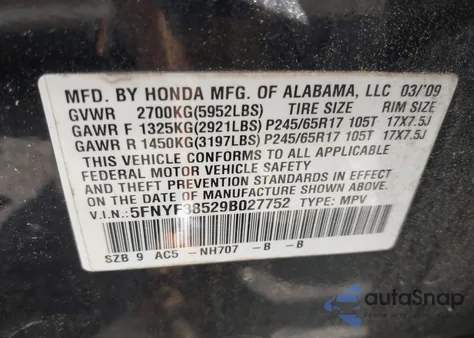 2009 Honda Pilot Ex-L from USA, damaged, VIN 5FNYF38529B027752